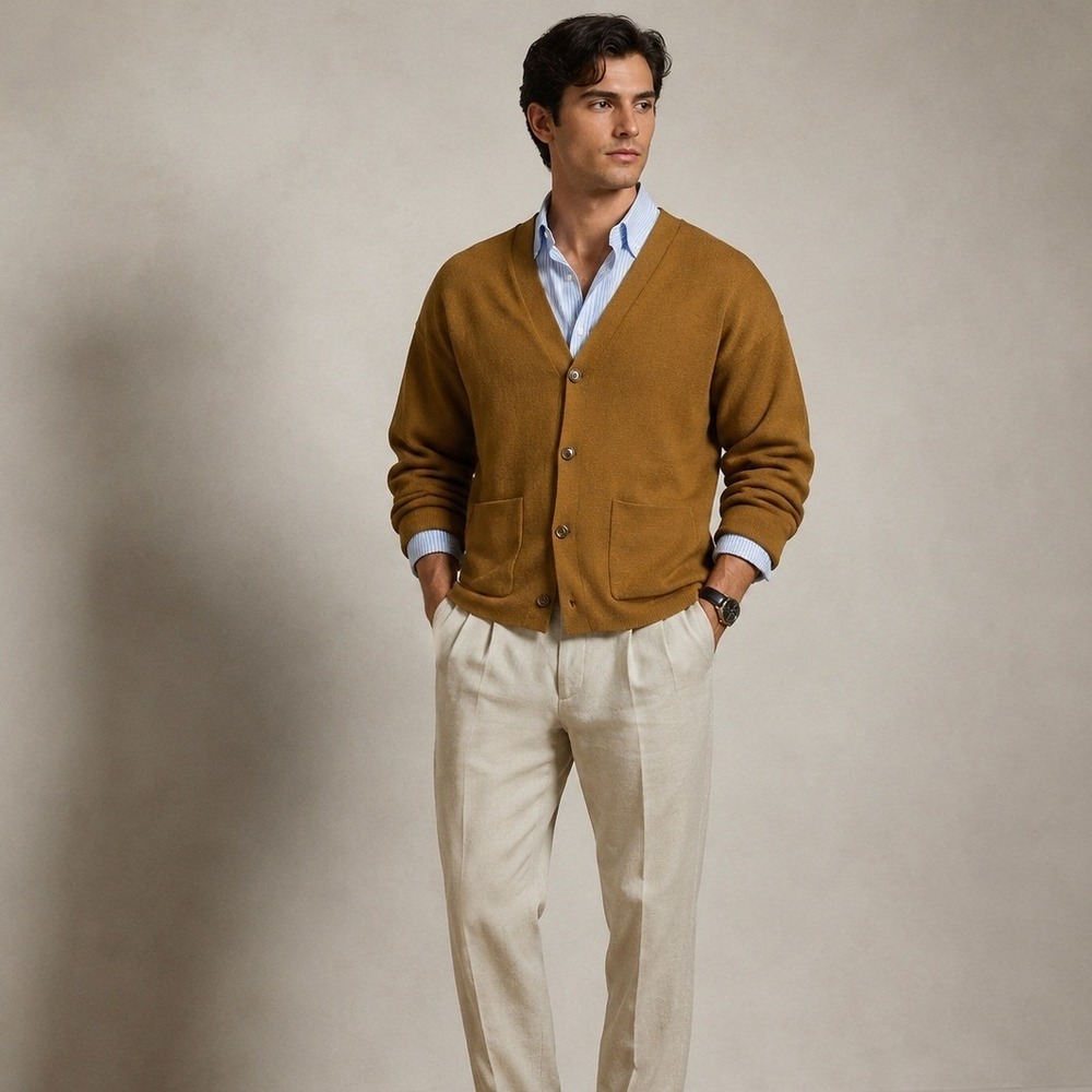 Uniqlo U Knit Cardigan Mens Medium Brown Wool Blend Lemaire V-Neck Old Money